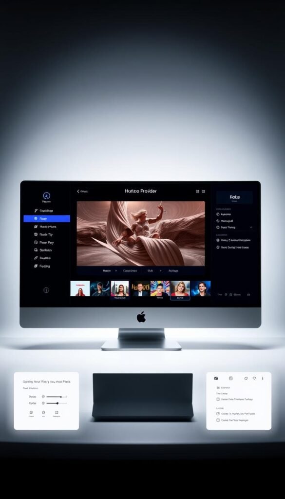 A sleek, modern IPTV player software interface for macOS, showcasing the Hoxtoon Provider service. In the center, a large display panel features high-quality video playback, with intuitive controls and a clean, minimalist design. Surrounding it, various menu options and settings panels allow the user to customize their viewing experience. The overall atmosphere is one of simplicity and ease of use, with a soft, diffused lighting highlighting the software's elegant aesthetic. The background features a subtle gradient, lending a sense of depth and sophistication to the scene.