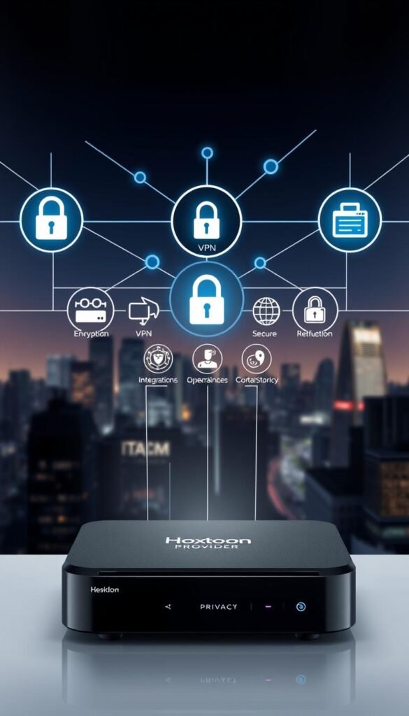 A sleek, modern IPTV receiver box sits prominently in the foreground, emblazoned with the "Hoxtoon Provider" brand. Emanating from the device, a network of secure connections and data flows illustrate the robust security measures in place. In the middle ground, a series of icons and visualizations depict various privacy safeguards, such as encryption, VPN integration, and secure login protocols. The background showcases a stylized cityscape, hinting at the global reach and interconnectivity of the IPTV service. Subtle lighting and clean, minimalist design create an atmosphere of technological sophistication and user confidence.