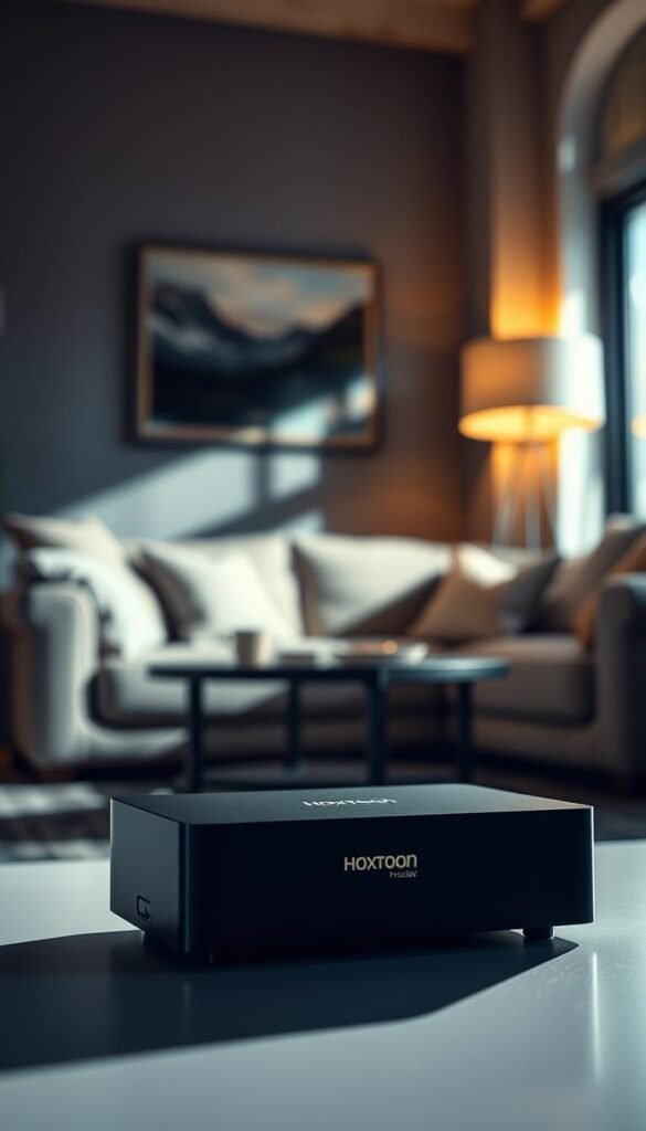 A sleek, modern IPTV receiver box stands prominently in the foreground, its Hoxtoon Provider branding clearly visible. The device is captured from a low angle, casting dramatic shadows and highlights that accentuate its sophisticated design. In the middle ground, a living room setting with a cozy, inviting atmosphere creates the context, featuring plush furniture and warm lighting. The background blurs softly, drawing the viewer's attention to the central device, which appears to be the focal point of the scene. The overall mood is one of technological sophistication and domestic comfort, hinting at the benefits of choosing an international IPTV receiver box.