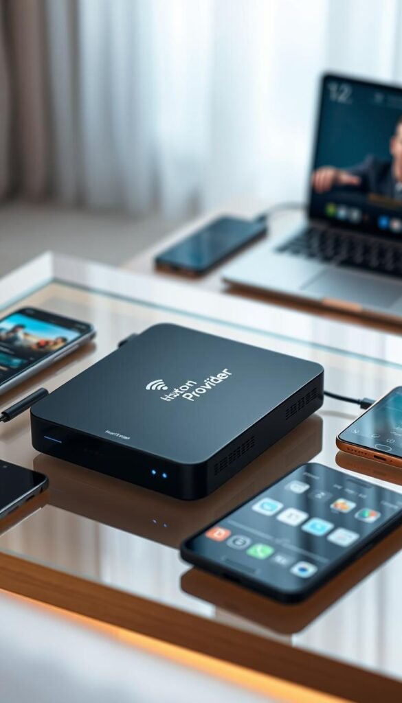 A sleek, modern IPTV receiver box with the Hoxtoon Provider logo prominently displayed on the front panel. The device rests on a minimalist, glass-topped table, surrounded by various smart devices like smartphones, tablets, and a laptop, all connected and streaming content simultaneously. Soft, diffused lighting illuminates the scene, creating a warm, inviting atmosphere. The receiver's multi-device support capabilities are visually emphasized, with the devices arranged in a seamless, integrated layout. The overall composition conveys the convenience and versatility of the Hoxtoon Provider IPTV solution for the modern, tech-savvy household.