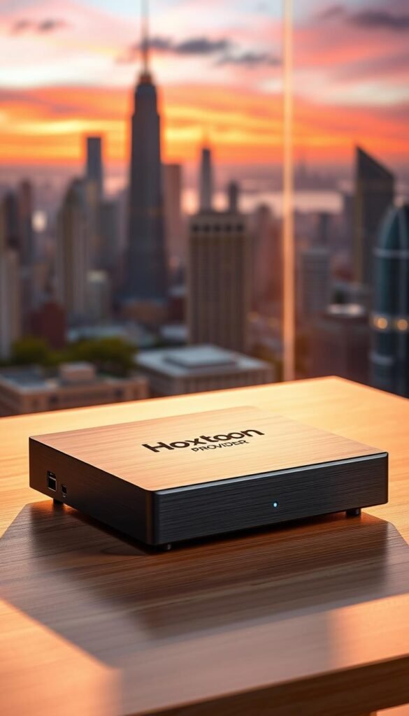 A sleek, modern IPTV receiver box with the Hoxtoon Provider logo prominently displayed on the front panel. The device has a premium brushed aluminum chassis with sharp, angular edges, conveying a sense of high-quality and advanced technology. The receiver is placed on a clean, minimalist wooden table, bathed in warm, soft lighting that casts subtle shadows, creating a cozy and inviting atmosphere. In the background, a blurred cityscape with skyscrapers and a vibrant, colorful sunset sky, hinting at the global reach and versatility of the Hoxtoon IPTV service.