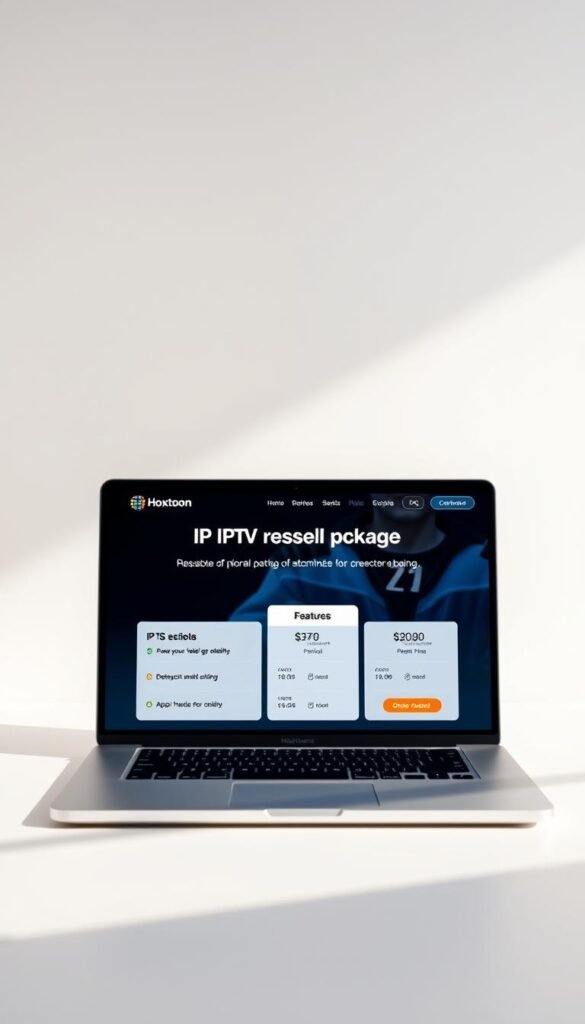 A sleek, modern IPTV reseller package offered by the Hoxtoon Provider, displayed on a laptop screen against a minimalist, light-colored background. The package's features and pricing are prominently showcased, with clean typography and a well-organized layout. The scene is illuminated by soft, directional lighting, creating depth and highlighting the laptop's display. The overall composition conveys a sense of professionalism, reliability, and ease of use, inviting the viewer to consider Hoxtoon as a trusted IPTV reseller solution.