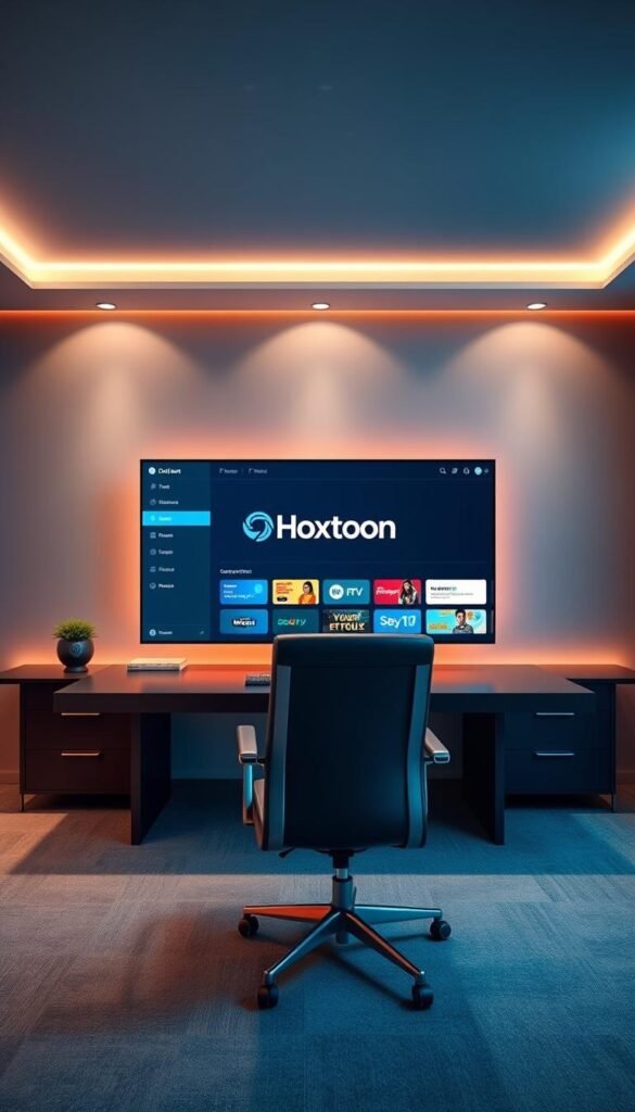 A sleek, modern IPTV reseller panel interface with the Hoxtoon Provider logo prominently displayed. The panel is showcased on a high-resolution display, surrounded by sophisticated office decor - a minimalist desk, ergonomic chair, and strategic lighting that creates a professional, executive ambiance. The scene evokes a sense of reliable, cutting-edge technology and business success. The overall composition conveys the panel's user-friendly design and the provider's authority in the IPTV reseller market.