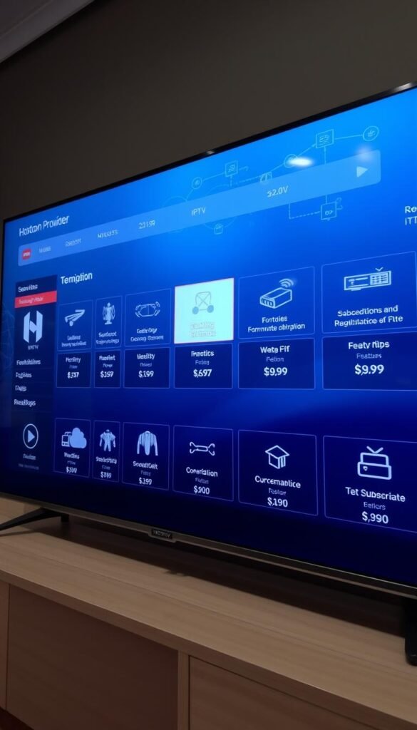 A sleek, modern IPTV service interface displayed on a high-resolution screen. In the foreground, the Hoxtoon Provider logo prominently featured, conveying a sense of professionalism and reliability. The middle ground showcases a range of subscription options, each with clear pricing details and feature highlights, presented in a clean, organized layout. The background subtly blends various digital elements, such as network diagrams and streaming icons, to reinforce the technical capabilities of the IPTV service. The overall tone is one of sophistication and user-friendliness, inviting the viewer to explore the Hoxtoon Provider's lifetime IPTV offerings.