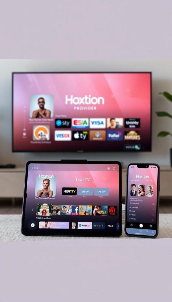 A sleek, modern IPTV service interface displayed on a variety of devices, including a smart TV, tablet, and smartphone. The interface showcases the Hoxtoon Provider brand prominently, with a clean and intuitive layout highlighting popular live TV channels, on-demand content, and subscription options. The scene is well-lit, with a subtle, warm color palette and a sense of technological sophistication. The devices are positioned in a visually appealing arrangement, suggesting the seamless integration of IPTV services across multiple platforms. The overall impression conveys the growing popularity and accessibility of IPTV in 2025.