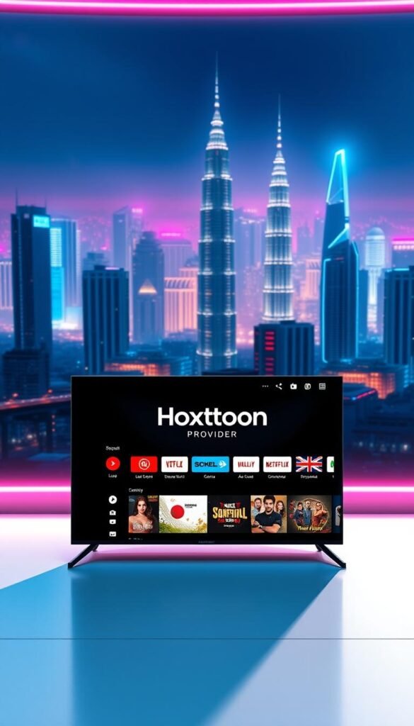 A sleek, modern IPTV service interface showcasing the Hoxtoon Provider brand, set against a futuristic, neon-lit cityscape. The foreground features a minimalist, user-friendly dashboard with intuitive controls and a clean, elegant design. The middle ground displays a selection of popular live TV channels and on-demand content, presented in a visually striking manner. In the background, a vibrant, high-tech skyline with towering skyscrapers and holographic displays creates a sense of technological advancement and innovation. The overall scene conveys a vision of the future of IPTV technology, catering to the discerning Malaysian viewer with a sophisticated, cutting-edge service.