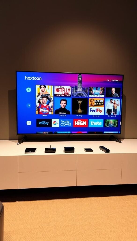 A sleek, modern IPTV service interface showcasing the Hoxtoon Provider brand. The screen displays a clean, minimalist design with sharp typography and bold colors. In the foreground, a selection of popular UK TV channels and on-demand content is presented in a grid layout, inviting the viewer to explore the diverse entertainment options. The middle ground features elegant device icons, hinting at the multi-platform accessibility of the service. The background subtly suggests a vibrant, urban skyline, conveying the contemporary and urban appeal of the IPTV UK offering. The overall scene is bathed in a soft, directional lighting that accentuates the sophisticated and premium feel of the Hoxtoon Provider brand.