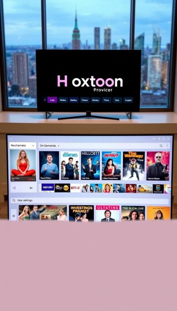 A sleek, modern IPTV service interface with the Hoxtoon Provider brand prominently displayed. The foreground features a clean, intuitive dashboard with large tiles for accessing live TV channels, on-demand content, and user settings. The middle ground showcases a selection of popular movies and TV shows with crisp, high-resolution thumbnails. The background has a subtle, blurred cityscape visible through large windows, conveying a sense of connectivity and sophistication. The lighting is soft and even, creating a comfortable and inviting atmosphere. The camera angle is slightly elevated, giving the viewer a comprehensive overview of the interface.