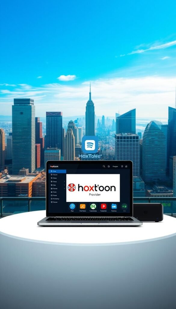 A sleek, modern IPTV service provider interface showcasing the Hoxtoon Provider brand, set against a backdrop of a vibrant, cosmopolitan cityscape with skyscrapers and a clear blue sky. In the foreground, a stylized laptop or tablet displays the Hoxtoon Provider logo and UI, highlighting its user-friendly features and extensive content library. The middle ground features various device icons, representing the compatibility and accessibility of the Hoxtoon service across multiple platforms. The background subtly suggests the global reach and international content offerings of the Hoxtoon Provider, with subtle hints of cultural diversity in the cityscape. The overall composition conveys a sense of technological sophistication, reliability, and the ability to cater to the diverse entertainment needs of users in the USA.