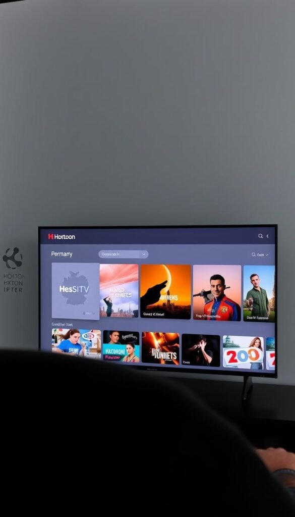 A sleek, modern IPTV service provider interface showcasing the Hoxtoon Provider brand. In the foreground, a minimalist dashboard with clean lines, intuitive controls, and a prominent Hoxtoon logo. The middle ground features a selection of popular live TV channels and on-demand content, with vibrant, high-quality thumbnails. The background depicts a cityscape of Germany, with iconic landmarks hinting at the local focus of the service. The lighting is soft and diffused, creating a professional, trustworthy atmosphere. The camera angle is slightly elevated, conveying a sense of authority and expertise in the IPTV industry.