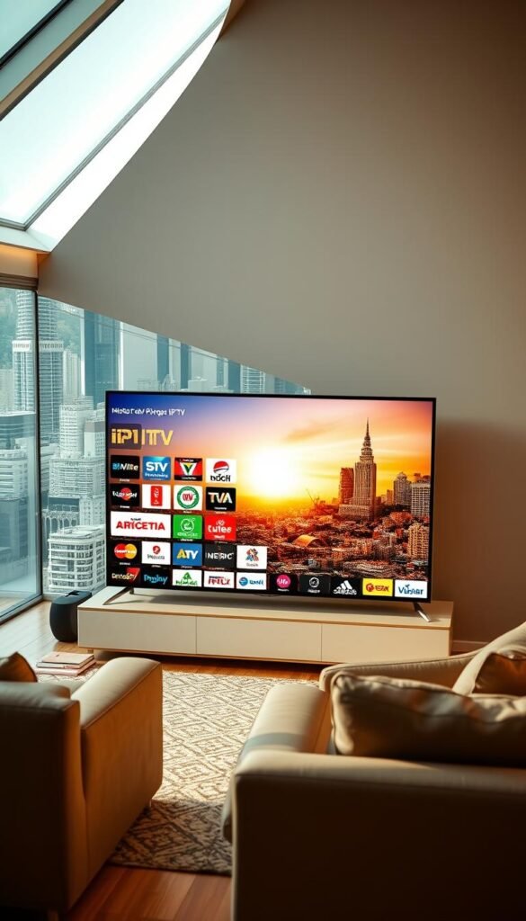 A sleek, modern IPTV service showcasing a diverse array of Indian television channels. In the foreground, a state-of-the-art Hoxtoon Provider interface displays a grid of popular channel logos, conveying the breadth of content available. The middle ground features a living room setting, with a comfortable couch and a large, high-definition television screen showcasing vibrant, immersive Indian programming. The background presents a cityscape of bustling Indian metropolises, hinting at the global reach and connectivity of the IPTV service. The scene is bathed in warm, natural lighting, creating a welcoming and inviting atmosphere. Overall, the image conveys the convenience, quality, and cultural richness of IPTV for Indian channels.