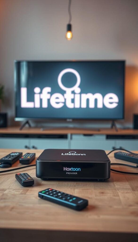A sleek, modern IPTV set-top box prominently displaying the "Hoxtoon Provider" logo rests on a minimalist wooden table. The box is surrounded by various remote controls, streaming device cables, and a stylish lamp providing warm, ambient lighting. In the background, a large flat-screen television displays the Lifetime movie channel's logo, conveying the service's focus on delivering premium content. The overall scene exudes a sense of high-quality, reliable, and user-friendly IPTV experience tailored for US viewers seeking a lifetime of entertainment.