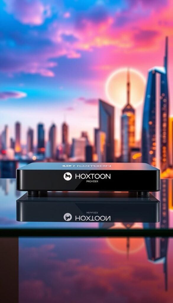 A sleek, modern IPTV set-top box with the Hoxtoon Provider logo prominently displayed. The device is situated on a minimalist glass or metal table, casting subtle reflections. The background features a stylized cityscape with skyscrapers and a vibrant, futuristic skyline, bathed in a warm, golden-hour lighting. The overall scene conveys the idea of cutting-edge technology, seamless connectivity, and the growing popularity of IPTV as a content delivery platform.