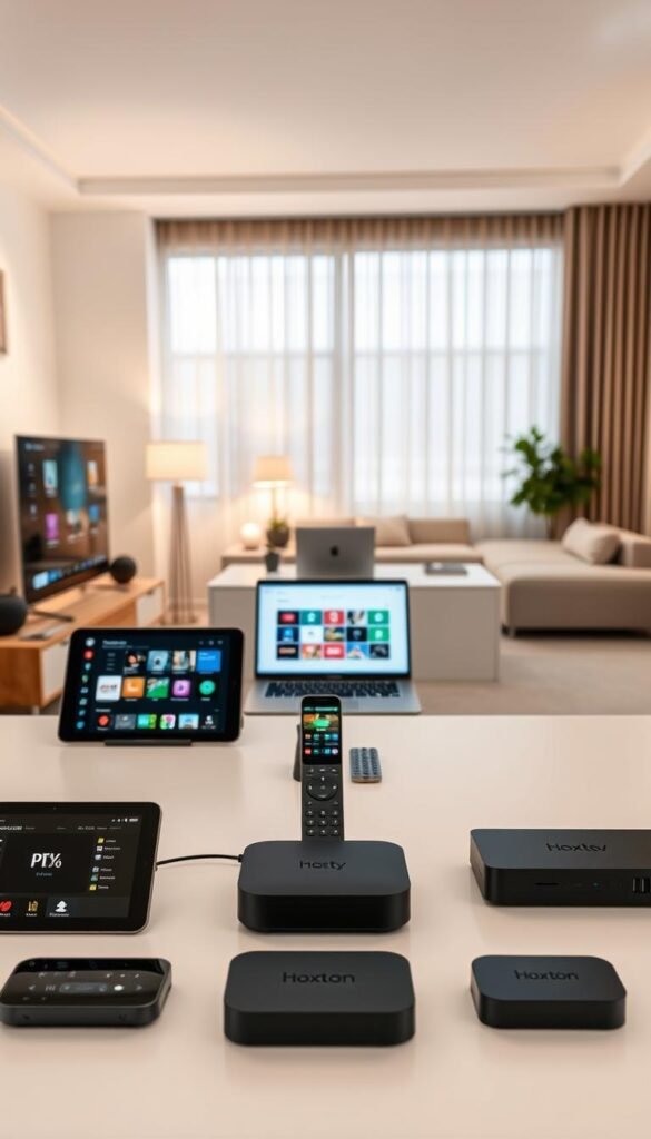A sleek, modern IPTV setup showcasing the Hoxtoon Provider's multi-device compatibility. In the foreground, various smart devices - a smart TV, a tablet, a smartphone, and a streaming box - are seamlessly connected, displaying the Hoxtoon Provider's interface. The middle ground features a clean, minimalist desk setup with a laptop and remote controls, highlighting the ease of controlling the IPTV service across multiple devices. The background depicts a cozy, well-lit living room, creating a warm and inviting atmosphere for the IPTV experience. Soft, diffused lighting from floor lamps and a large window casts a gentle glow, emphasizing the premium, high-quality nature of the Hoxtoon Provider's IPTV solution.