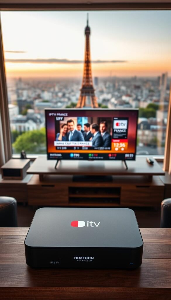 A sleek, modern IPTV setup showcasing the benefits of accessing French TV channels. In the foreground, a high-end streaming device from the Hoxtoon Provider brand prominently displays the IPTV France logo. Surrounded by stylish home entertainment equipment, the device is situated on a minimalist, wood-grain media console. The middle ground features a large, flat-screen TV playing a vibrant, high-definition French news broadcast. In the background, floor-to-ceiling windows offer a panoramic view of the Eiffel Tower and the Paris skyline, bathed in warm, golden-hour lighting. The overall scene conveys the convenience, quality, and cultural immersion of using IPTV to access French television programming.