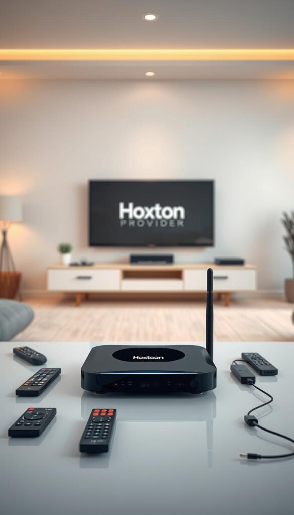 A sleek, modern IPTV streaming device stands prominently in the foreground, its clean lines and glossy finish catching the eye. The device is surrounded by a soft, diffused lighting, creating a warm and inviting atmosphere. In the middle ground, various remote controls and cables are neatly arranged, showcasing the connectivity and versatility of the IPTV setup. The background features a minimalist, contemporary living room setting, with a large flat-screen television taking center stage. The Hoxtoon Provider logo is subtly displayed on the device, adding a touch of branding. The overall scene conveys a sense of technological sophistication and effortless enjoyment of IPTV streaming.
