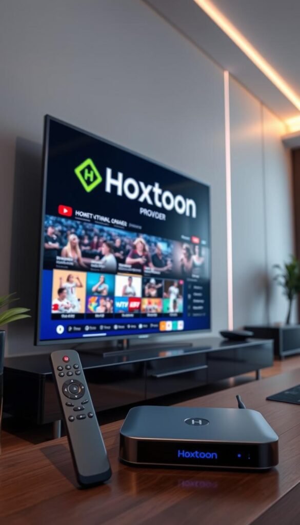 A sleek, modern IPTV streaming setup with the Hoxtoon Provider logo prominently displayed. A high-end smart TV is the focal point, showcasing a vibrant, crystal-clear display of live sports and entertainment channels. In the foreground, a minimalist remote control and a state-of-the-art streaming device seamlessly integrated into the setup. The background features a sophisticated, tech-forward environment with clean lines and subtle lighting, creating an atmosphere of advanced connectivity and entertainment. The overall scene conveys the power, convenience, and visual fidelity of the Hoxtoon IPTV service for a premium streaming experience.