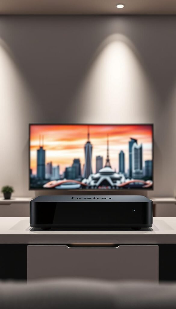 A sleek, modern IPTV streaming setup with the Hoxtoon Provider logo prominently displayed. In the foreground, a state-of-the-art IPTV set-top box sits atop a minimalist media console, its clean lines and matte black finish exuding a sense of technological sophistication. The middle ground features a high-definition television screen showcasing a crisp, vibrant display of IPTV content, hinting at the revolutionary viewing experience. In the background, a stylized cityscape with towering skyscrapers and futuristic architecture suggests the cutting-edge nature of the Hoxtoon IPTV technology. Soft, directional lighting from above casts dramatic shadows, creating a sense of depth and emphasizing the sleek, premium design of the setup.