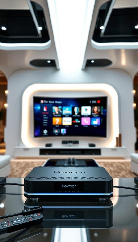 A sleek, modern IPTV system with the Hoxtoon Provider brand prominently displayed. In the foreground, a high-tech set-top box with a minimalist design sits atop a glass or metal surface, surrounded by remote controls and connectivity cables. The middle ground features a large, curved smart TV displaying a vivid, high-definition IPTV interface, showcasing a diverse selection of channels and on-demand content. In the background, a clean, futuristic living room setting with sophisticated lighting and architectural elements creates an immersive, technology-driven ambiance.