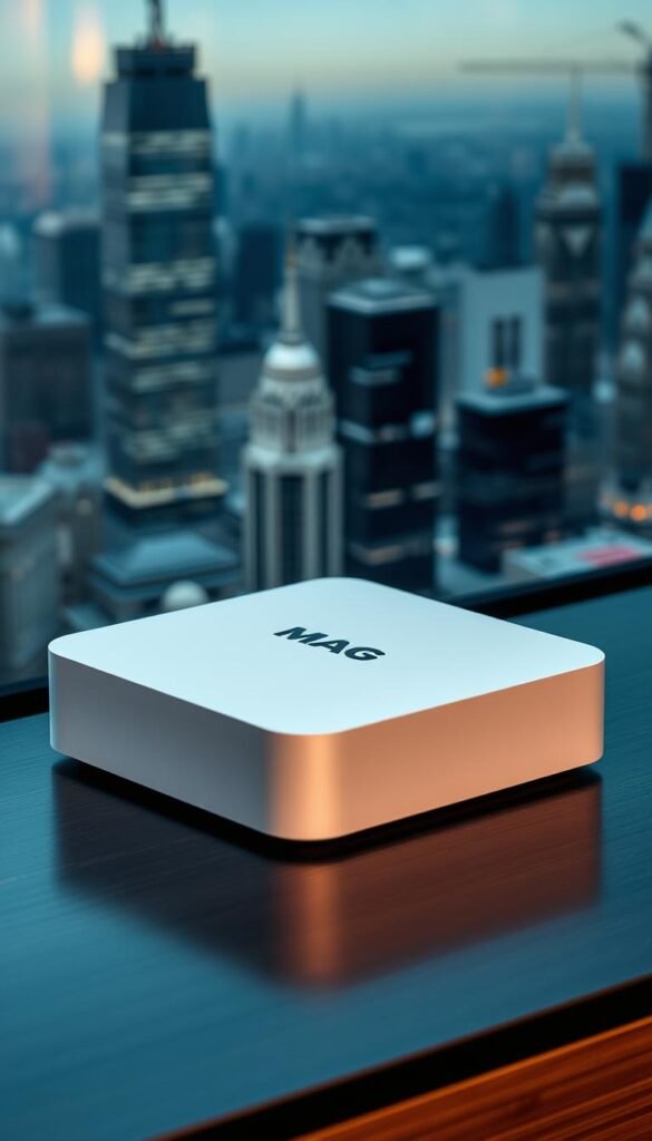 A sleek, modern MAG box device sits prominently on a dark wooden surface, its smooth, minimalist design exuding a sense of advanced technology. The box is surrounded by a clean, well-lit environment, with subtle shadows and highlights that accentuate its form. The background features a blurred, but intriguing cityscape, hinting at the global connectivity and media possibilities enabled by the IPTV service. The overall scene conveys a sense of sophisticated, seamless integration between the MAG box and the Hoxtoon Provider IPTV service, ready to deliver a premium streaming experience.