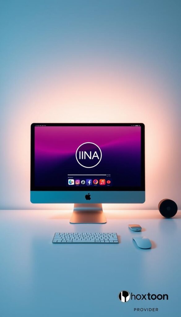 A sleek, modern Mac desktop with a large, high-resolution display showcasing the IINA media player interface. In the center, the IINA logo is prominently displayed, surrounded by a minimalist, elegant UI design. The background features a subtle gradient, creating a sense of depth and sophistication. Soft, indirect lighting illuminates the scene, casting a warm, inviting glow. The overall atmosphere conveys a sense of simplicity, functionality, and a seamless Mac-native experience. In the bottom right corner, the Hoxtoon Provider logo is discreetly displayed.