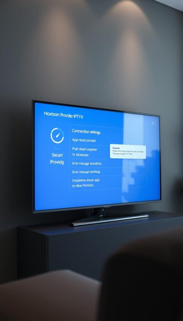 A sleek, modern Samsung Smart TV with the Hoxtoon Provider IPTV app open on the screen. The display showcases various troubleshooting options, such as connection settings, app resets, and error message resolutions. The TV is set against a minimalist, gray-toned interior, with subtle lighting that creates a calm, focused atmosphere. The camera angle is slightly angled, capturing the TV at a three-quarter view, emphasizing the screen's prominence. The overall composition conveys a sense of problem-solving and technical guidance for Samsung TV users encountering IPTV issues.