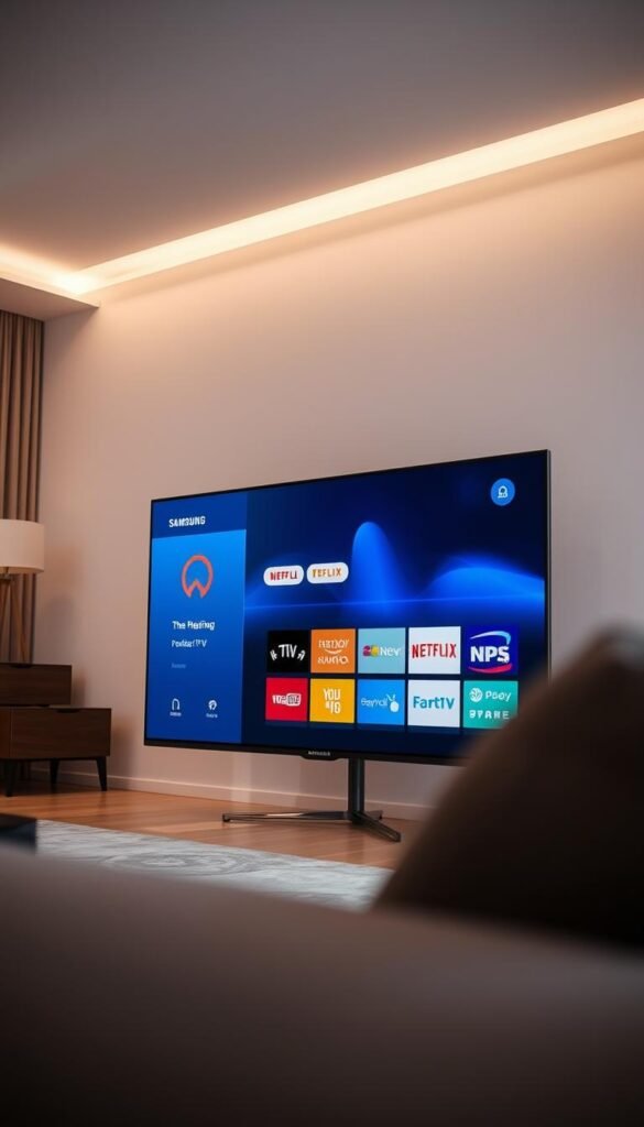 A sleek, modern Samsung TV showcased in a well-lit living room setting, with the Hoxtoon Provider IPTV app prominently displayed on the screen. The TV is positioned against a stylish, minimalist backdrop, allowing the device and app interface to take center stage. The lighting is soft and diffused, creating a warm, inviting atmosphere. The camera angle captures the TV at a slight angle, emphasizing its slim, sophisticated design. The overall scene conveys a sense of technological integration and seamless entertainment experience within a sophisticated home environment.