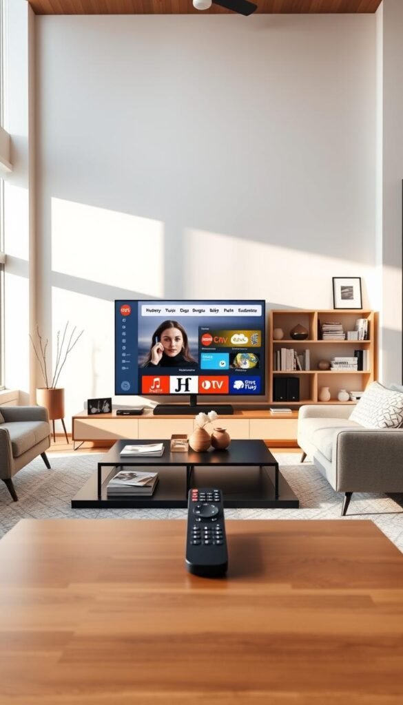 A sleek, modern Scandinavian living room with a large flat-screen TV displaying the Hoxtoon Provider IPTV service's interface. The room is bathed in warm, natural lighting from large windows, highlighting the minimalist, Nordic-inspired furniture and decor. In the foreground, a stylish coffee table holds a remote control, showcasing the simplicity of the IPTV experience. The background features bookshelves filled with Nordic design books and accents, creating a cozy, highbrow atmosphere perfect for enjoying premium Scandinavian content.