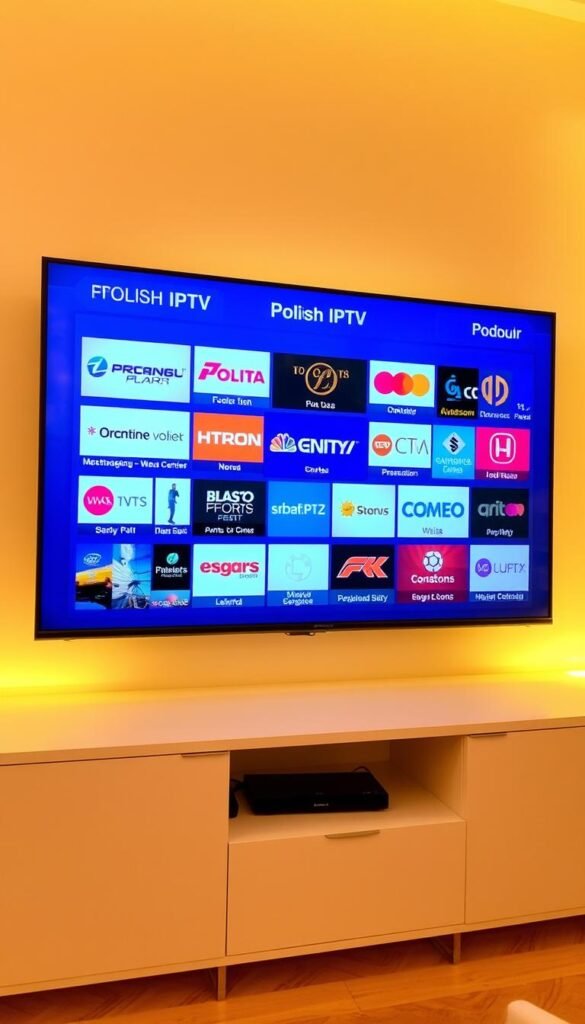 A sleek, modern TV display showcasing a diverse array of popular Polish IPTV channels from the Hoxtoon Provider. The channels are neatly arranged in a grid layout, with clear, high-definition icons and logos representing a range of news, entertainment, sports, and cultural programming. The display is set against a clean, minimalist background, bathed in warm, soft lighting that creates a welcoming and inviting atmosphere. The overall composition conveys the comprehensive and accessible nature of the IPTV service, catering to the diverse viewing preferences of the Polish audience.
