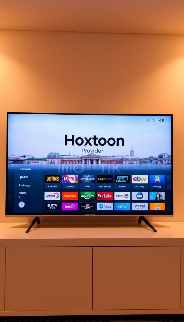 A sleek, modern UI displaying the Hoxtoon Provider logo on a high-resolution, 4K display. The interface showcases a comprehensive lineup of Spanish IPTV channels, with intuitive navigation and customizable settings. The layout is clean and visually appealing, reflecting the premium nature of the service. The background features a blurred cityscape of Madrid, highlighting the provider's focus on the Spanish market. Warm, soft lighting creates a professional and trustworthy atmosphere. The overall composition conveys the reliable and user-friendly experience of Hoxtoon's IPTV solution for Spanish viewers.