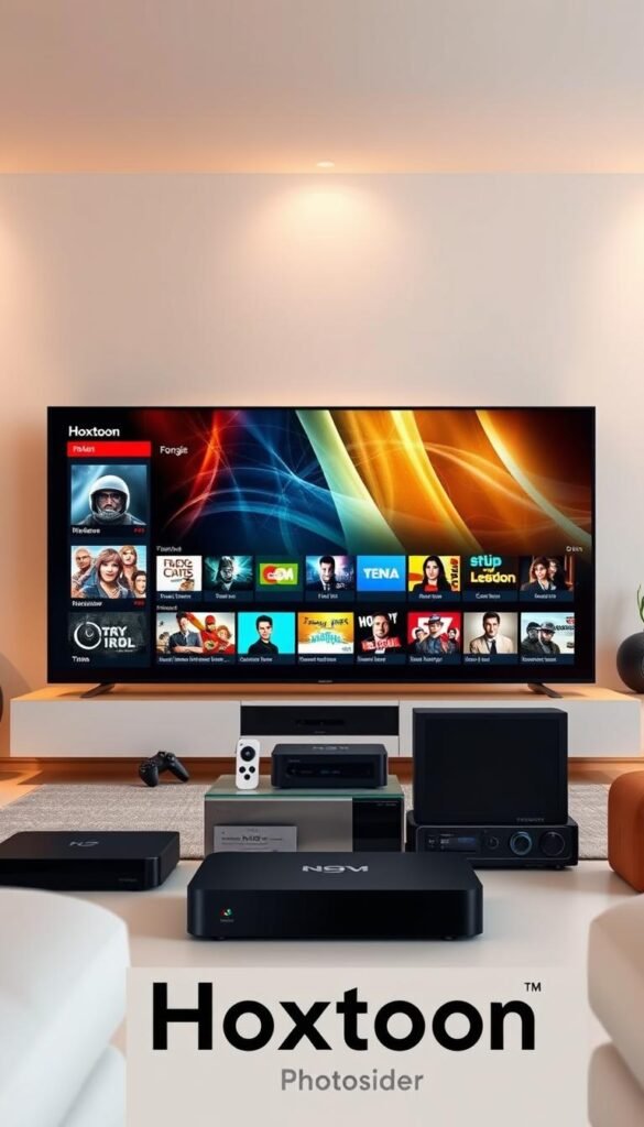 A sleek, modern UI showcases the Hoxtoon Provider brand, presenting a vast array of premium German IPTV content. In the foreground, a stylized TV screen displays vivid, high-definition programming, while the middle ground features an array of smart devices seamlessly integrated with the Hoxtoon ecosystem. The background subtly evokes a contemporary living room setting, with warm lighting and clean, minimalist design elements. The overall composition conveys a sense of technological sophistication, reliability, and the effortless enjoyment of diverse German entertainment options.