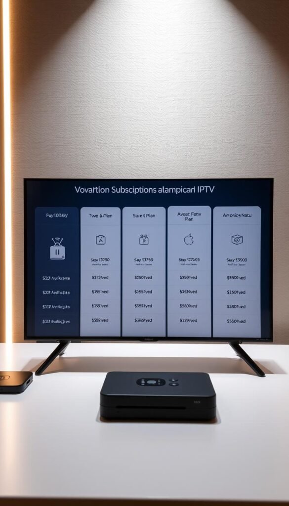 A sleek, modern, and comprehensive IPTV subscription plan overview for the Hoxtoon Provider service, showcasing their affordable offerings for American viewers. The scene depicts a stylized tabletop display with various plan options neatly arranged, each represented by clean icons and concise pricing details. The lighting is soft and diffused, creating a professional and trustworthy atmosphere. The background features a subtle gradient or texture, providing a visually appealing and unobtrusive complement to the main focus - the Hoxtoon subscription plan details. The overall composition is balanced, visually striking, and effectively communicates the key information about the service's pricing and packages.