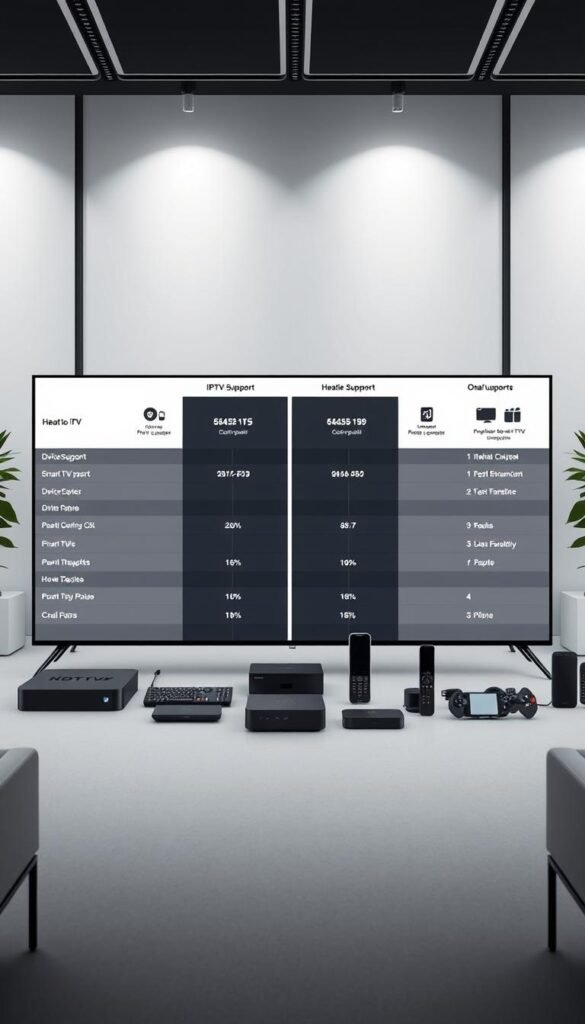 A sleek, modern, and comprehensive comparison of IPTV device compatibility, showcasing a head-to-head analysis between the Hoxtoon Provider and other leading IPTV services. The scene is set in a stylish, minimalist office environment, with a large, high-resolution display in the foreground presenting the comparative information. The display features clean, well-organized layouts and intuitive visuals, allowing the viewer to easily grasp the key differences in device support, platform integrations, and overall compatibility. The middle ground features various IPTV-enabled devices, such as smart TVs, streaming boxes, and mobile devices, arranged in a visually appealing manner. The background subtly hints at the broader IPTV ecosystem, with subtle technological elements and a sense of connectivity. The overall mood is one of professionalism, clarity, and an emphasis on the Hoxtoon Provider's comprehensive device compatibility.