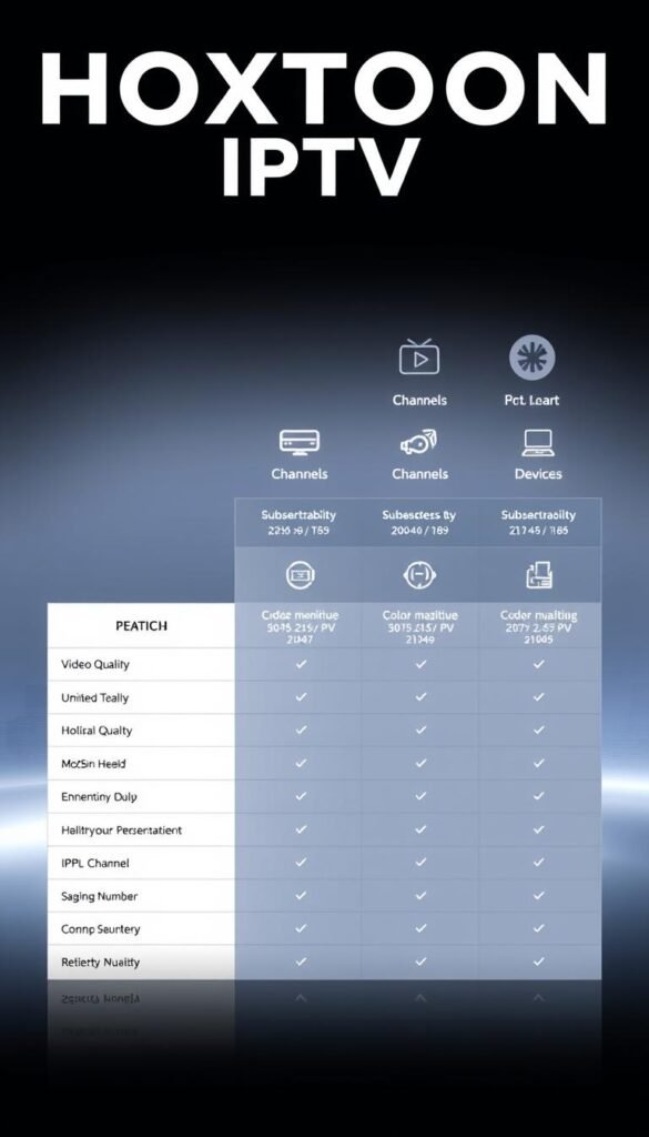A sleek, modern, and comprehensive illustration of the Hoxtoon Provider IPTV subscription plans. In the foreground, a clean and minimalist table showcases the different plan options, highlighted by soft lighting and a subtle gradient background. The middle ground features stylized icons representing the key features of each plan, such as video quality, channels, and device compatibility. In the background, a subtle cityscape or technological landscape creates a sense of a forward-thinking and reliable service. The overall composition conveys a sense of professionalism, reliability, and value-for-money for the Hoxtoon Provider IPTV plans.