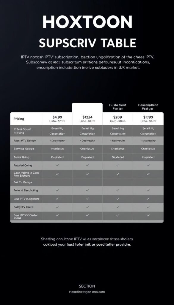 A sleek, modern, and comprehensive pricing table for IPTV subscription plans offered by the Hoxtoon Provider, displayed on a stylish, minimalist dark-themed background. The table features distinct pricing tiers, with clear delineation of the features and services included in each plan. The layout is clean and visually appealing, with a focus on showcasing the value proposition of the Hoxtoon lifetime IPTV subscription services in the UK market. The image conveys a sense of professionalism, reliability, and attention to detail, aligning with the subject and section title of the article.