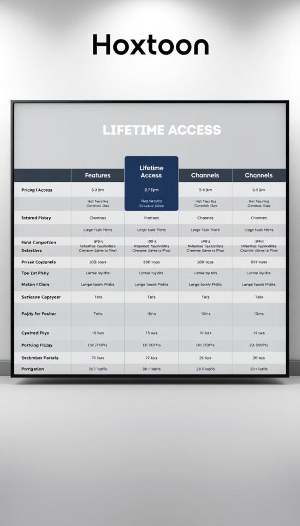 A sleek, modern, and comprehensive pricing table for the Hoxtoon IPTV provider, showcasing their lifetime access plans in a clean and visually appealing layout. The table is positioned centrally, with a neutral gray background and soft lighting creating a professional and trustworthy atmosphere. The plans are clearly delineated, with columns highlighting the features, channels, and pricing options. The Hoxtoon provider logo is prominently displayed at the top, reinforcing the brand identity. The overall composition conveys a sense of value, reliability, and attention to detail, reflecting the detailed information presented in the article section.