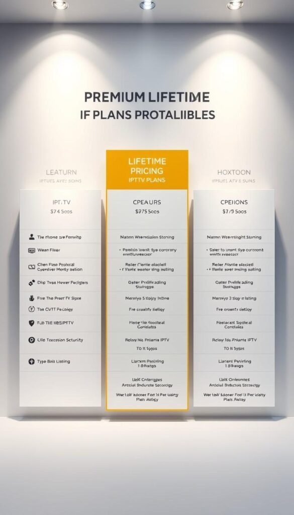 A sleek, modern, and comprehensive pricing table showcasing Hoxtoon Provider's premium lifetime IPTV plans. The table is displayed on a clean, minimalist background with subtle gradients and elegant typography. The plans are presented in a clear, organized manner, highlighting key features and pricing details. The overall design conveys a sense of professionalism, reliability, and value, reflecting Hoxtoon Provider's reputation as a premium IPTV service. The lighting is soft and even, creating a premium and aspirational atmosphere. The camera angle is slightly elevated, giving the viewer a clear and comprehensive view of the pricing information.