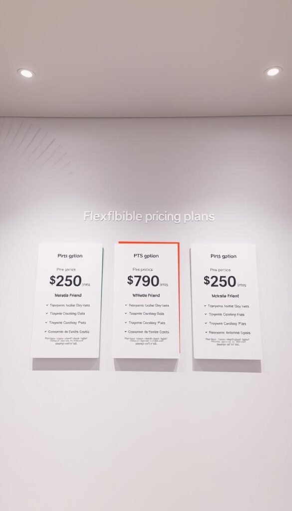 A sleek, modern, and minimalist display showcasing the flexible pricing plans of the Hoxtoon Provider IPTV service. The foreground features three minimalist card-style plan options, each with clear pricing details and concise plan descriptions. The middle ground has a subtle background pattern or texture that adds visual interest without distracting from the main elements. The overall lighting is clean, bright, and evenly distributed, creating a professional and trustworthy atmosphere. The camera angle is slightly elevated, giving the viewer a clear and comprehensive view of the pricing information. The color palette is composed of muted tones and hues that complement the Hoxtoon brand identity.