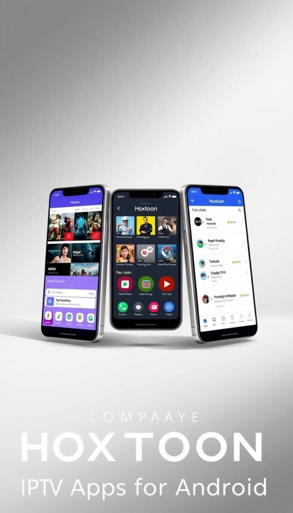 A sleek, modern, and well-designed comparison of the Hoxtoon Provider IPTV app against other popular Android IPTV apps. The scene depicts three smartphones arranged in a dynamic, asymmetrical layout, showcasing the Hoxtoon app alongside two competitors. Crisp, high-resolution graphics display the user interfaces and key features of each app, allowing for an at-a-glance evaluation. The background is a minimalist, monochromatic gradient that keeps the focus on the apps. Soft, directional lighting casts subtle shadows, adding depth and dimension. The overall tone is professional, informative, and visually appealing, perfectly suited to illustrate the "Comparing HOXTOON with Other IPTV Apps for Android" section.