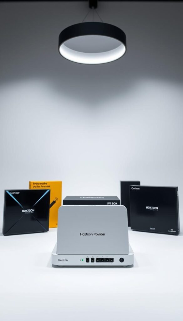 A sleek, modern, and well-lit studio setting showcasing a comparison of various IPTV boxes. In the foreground, a Hoxtoon Provider IPTV box stands prominently, its clean design and intuitive interface highlighted. Surrounding it, three other IPTV boxes of different brands and models are arranged neatly, inviting the viewer to compare their features and capabilities. The lighting is soft and diffused, creating a professional and informative atmosphere. The camera angle is slightly elevated, providing a clear and comprehensive view of the IPTV box lineup. The background is a minimalist gray or white, allowing the products to take center stage and emphasizing their key details and specifications.