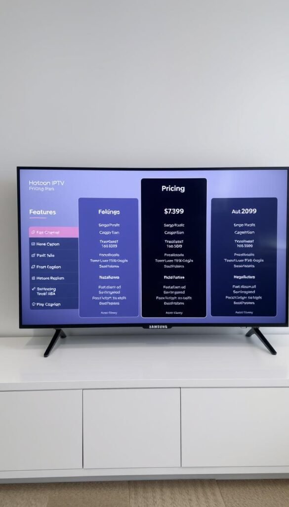 A sleek, modern, and well-organized set of pricing plans for the premium IPTV service "Hoxtoon Provider" on a Samsung TV. The plans are displayed on a sophisticated, minimalist, and neutral-toned interface, with clear and concise details about the features, channels, and pricing options. The layout is clean, balanced, and easy to navigate, with a focus on showcasing the value proposition. The overall mood is professional, trustworthy, and visually appealing, reflecting the high-quality nature of the Hoxtoon service.