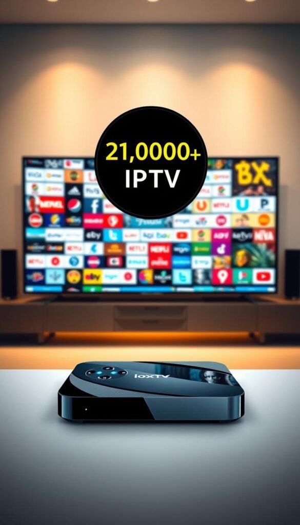 A sleek, modern android TV box displaying a vibrant and diverse array of IPTV channels from the Hoxtoon Provider, set against a sophisticated, minimalist backdrop. The device is positioned prominently in the foreground, its clean lines and glossy finish reflecting the high-quality content it delivers. In the middle ground, a collage of channel logos and thumbnails showcases the breadth of Hoxtoon's 21,000+ channel library, hinting at the endless entertainment options available. The background features a softly blurred, neutral-toned environment, allowing the device and content to take center stage. Warm, directional lighting illuminates the scene, creating a sense of depth and highlighting the sleek, modern aesthetics. The overall composition conveys a sense of technological sophistication, content abundance, and a premium user experience.