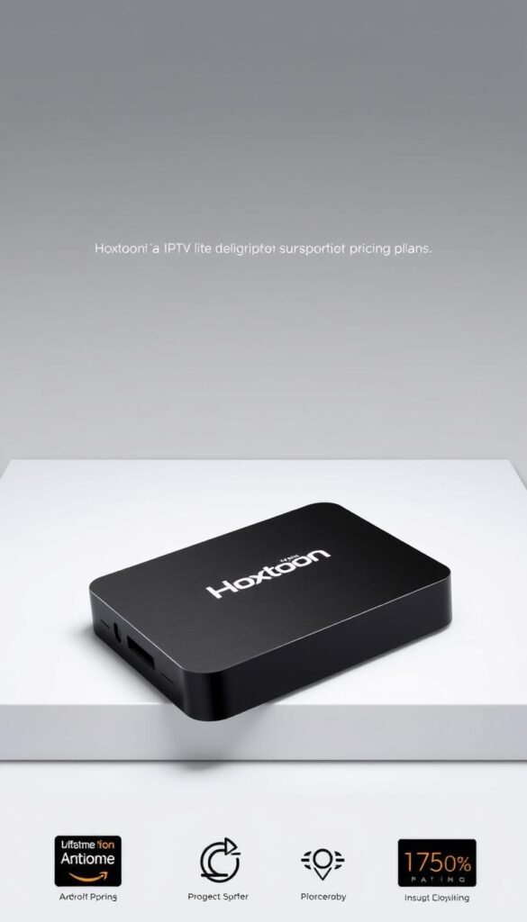 A sleek, modern android TV box displays the Hoxtoon Provider IPTV lifetime subscription pricing plans on a minimalistic interface. The device is positioned prominently, showcasing its premium design with a matte black finish. The background features a soft, gradient-based color scheme, conveying a sense of sophistication and digital elegance. Subtle lighting highlights the box's contours, creating depth and emphasizing its premium qualities. The layout is clean and organized, with pricing tiers and feature details neatly arranged to provide a clear overview. An air of professionalism and attention to detail permeates the scene, reflecting the reliability and quality of the Hoxtoon IPTV service.