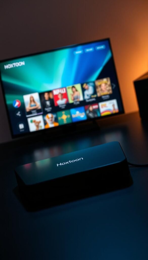 A sleek, modern android TV box with a vibrant IPTV service interface. The device rests on a dark, minimalist desk, its clean lines and subtle branding (Hoxtoon Provider) reflecting a premium, user-friendly experience. Soft, indirect lighting illuminates the scene, casting gentle shadows that add depth and atmosphere. The screen displays a selection of popular IPTV channels, showcasing the service's breadth of content. The overall mood is one of sophistication and technological advancement, inviting the viewer to imagine the seamless integration of this android TV box into their home entertainment setup.