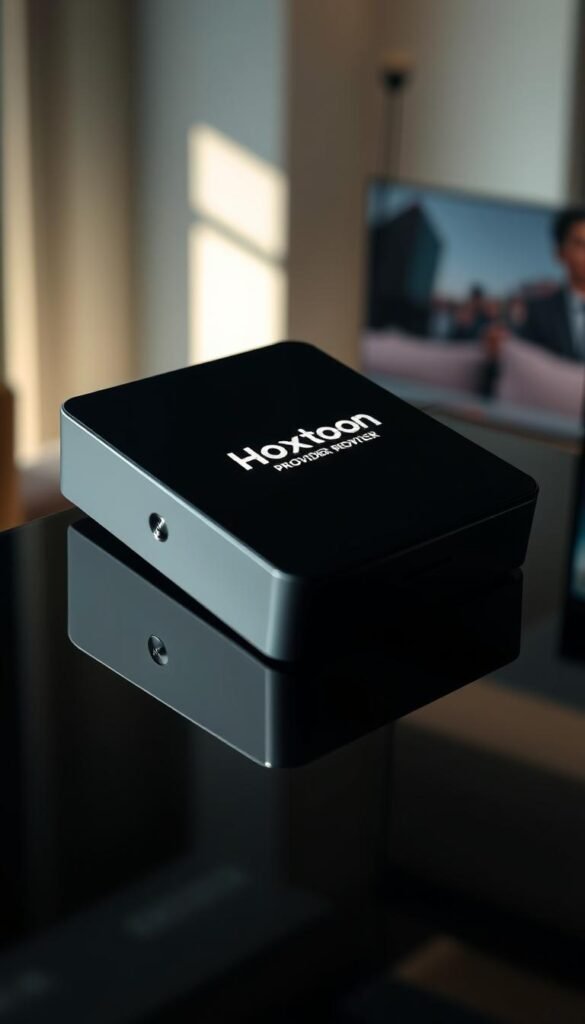 A sleek, modern android TV box with the Hoxtoon Provider IPTV service displayed prominently on its minimalist interface. The box sits atop a glossy, black surface, casting a subtle reflection. Soft, directional lighting from the side accentuates the clean lines and premium materials, creating a sense of quality and sophistication. In the background, a blurred cityscape or living room scene suggests the versatility and integration of the device into a home entertainment setup. The overall mood is one of technological advancement, reliability, and the convenience of a lifetime IPTV subscription.