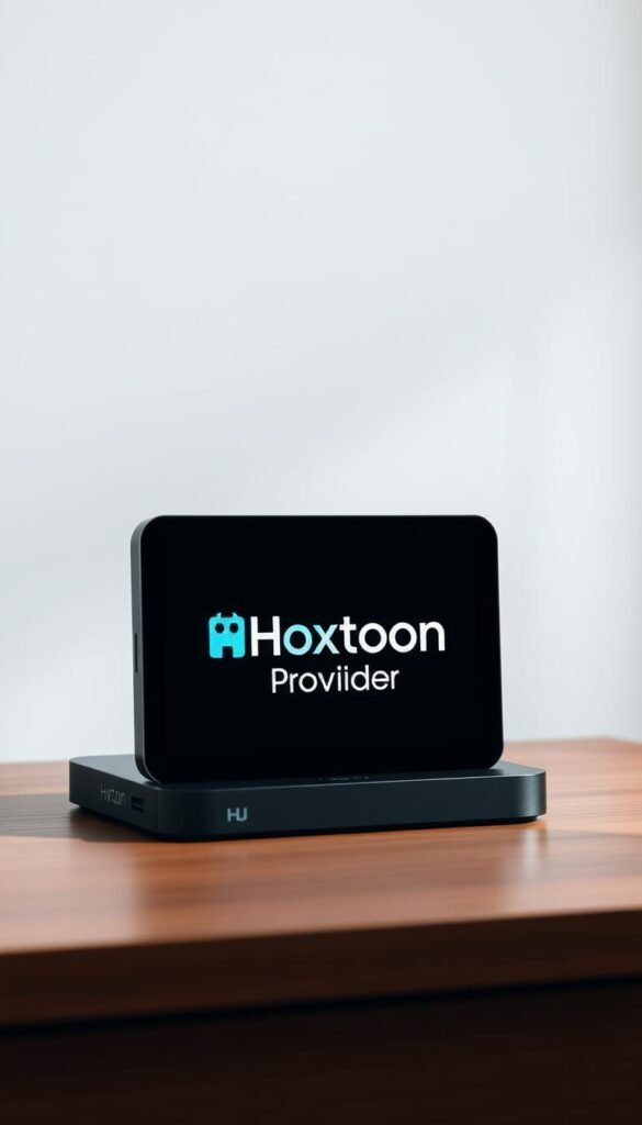 A sleek, modern android box sitting on a wooden table, displaying the Hoxtoon Provider logo on its screen. The box is showcased in a well-lit, minimalist studio setting, with soft, directional lighting highlighting its clean lines and premium materials. The scene conveys a sense of sophistication and high-end performance, suitable for a feature-rich, multi-format IPTV player. The camera angle is slightly elevated, providing a clear, unobstructed view of the device and its user interface.