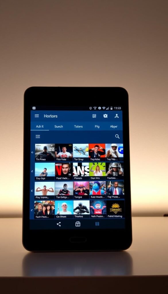 A sleek, modern android device displaying the Hoxtoon Provider IPTV app interface. The screen shows a grid of live TV channels, with crisp, high-definition video and intuitive touch controls. The device is set against a minimalist, well-lit backdrop, showcasing the app's clean and responsive design. Subtle ambient lighting accentuates the device's premium aesthetics, creating a sense of high-performance and multi-device compatibility. The overall scene conveys the app's seamless, lag-free performance and its ability to be used across multiple android devices simultaneously.