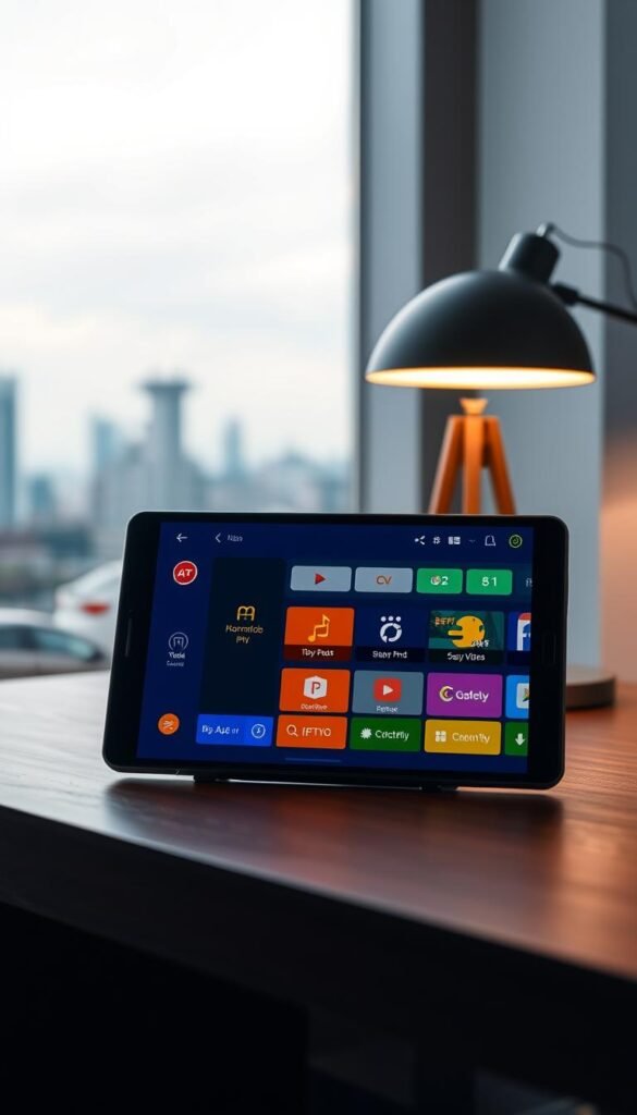 A sleek, modern android device displaying the Hoxtoon Provider IPTV interface. The screen showcases a clean, intuitive layout with bold icons and a vibrant color scheme. The device is placed on a minimalist, wooden desk, illuminated by soft, diffused lighting from a nearby lamp. In the background, a blurred city skyline is visible through a large window, conveying a sense of urban sophistication. The overall scene evokes a professional, technology-focused atmosphere suitable for optimizing an IPTV viewing experience.