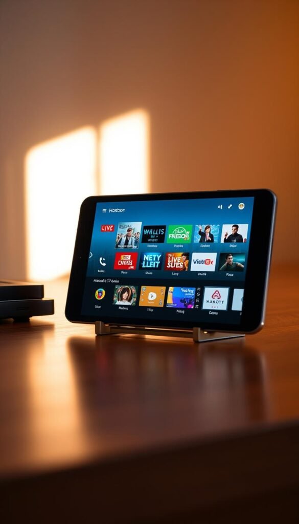 A sleek, modern android device displaying the Hoxtoon Provider app interface, showcasing its IPTV streaming capabilities. The device is positioned on a minimalist, wooden desk, bathed in warm, soft lighting that highlights the app's clean, intuitive design. The screen displays a selection of popular live TV channels, streaming seamlessly against a backdrop of a stylized city skyline, conveying the device's ability to provide a premium IPTV experience. The overall scene radiates a sense of technological sophistication and user-friendly accessibility.