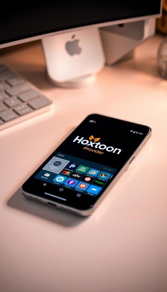 A sleek, modern android device displaying the Hoxtoon Provider logo, resting on a minimalist desk with a clean, white surface. The device's screen showcases the IPTV lifetime APK interface, highlighting its user-friendly layout and intuitive controls. The scene is bathed in soft, warm lighting, creating a sense of sophistication and technological prowess. The background is blurred, placing the focus entirely on the device and the IPTV app, conveying the reliability and convenience of this lifetime subscription service.